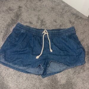 aerie Denim-Style Drawstring Athletic Shorts in Blue